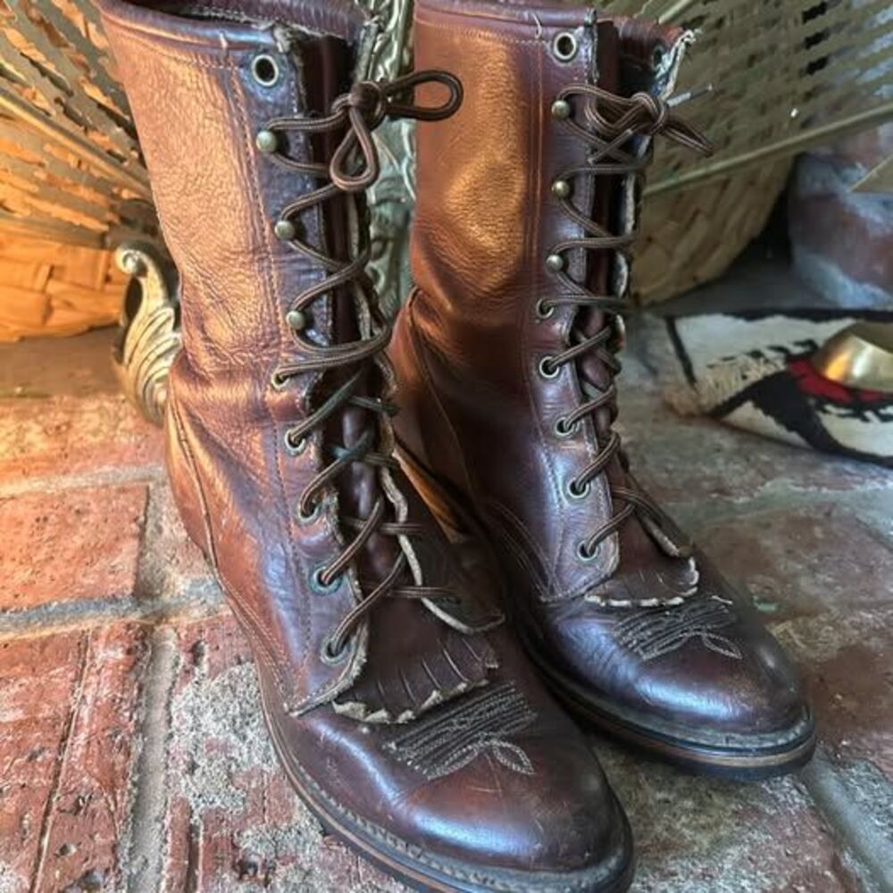 Vintage leather packer rancher lacer roper work 7.5-8 narrow boots